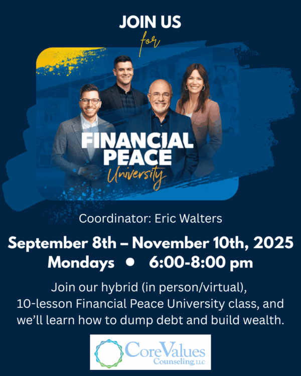 Image of Dave Ramsey, with text regarding details of Financial Peace University Class