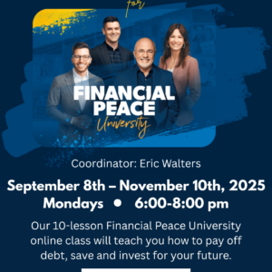 Image of Dave Ramsey, with text regarding details of Financial Peace University Class