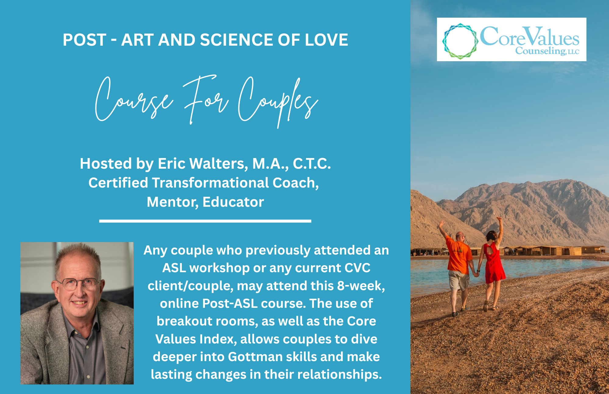 Postcard image of couple on beach with text about Post-ASL class with Eric Walters
