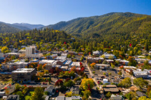 Image of an aerial view of Ashland, Oregon. Core Values Counseling offers virtual therapy in Ashland and throughout the state of Oregon.