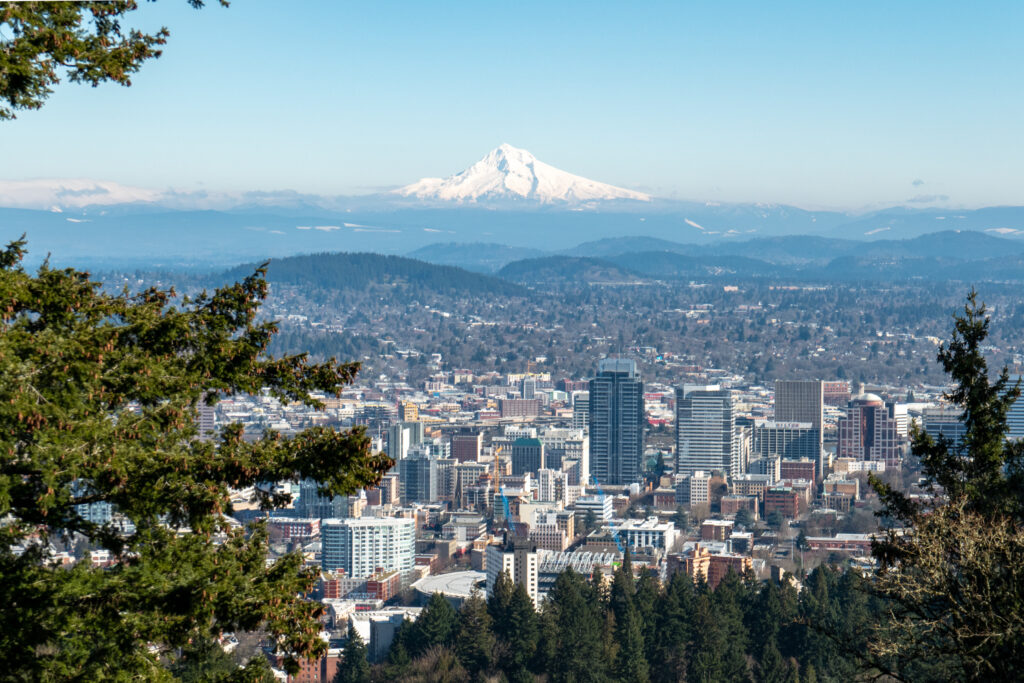 Image of a view of downtown Portland, Oregon and Mount Hood from the viewpoint of Pittock Mansion. Core Values Counseling offers in-person and virtual therapy in Portland and throughout the state of Oregon.